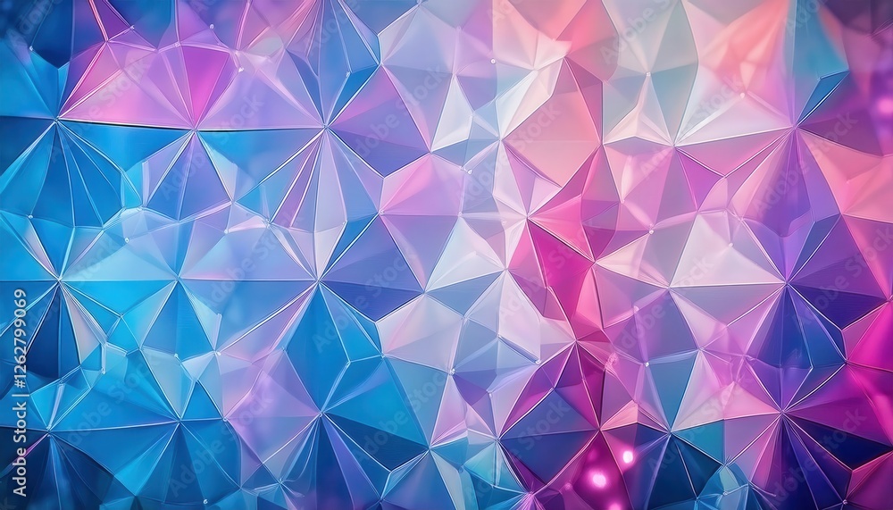 Poster abstract geometric crystal pattern with vibrant pink and blue gradient, faceted glass texture for di