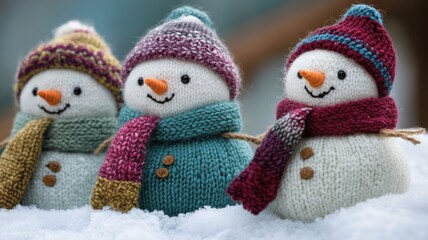 Three Knitted Snowmen in Winter Wonderland