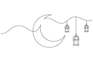 Moon icon one line drawing and isolated continuous outline Islamic vector illustration