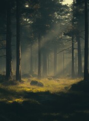 Fototapeta premium Forest in the morning fog and sunlight
