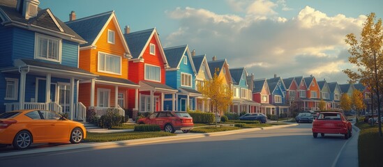 Obraz premium Colorful houses, sunny street, autumn