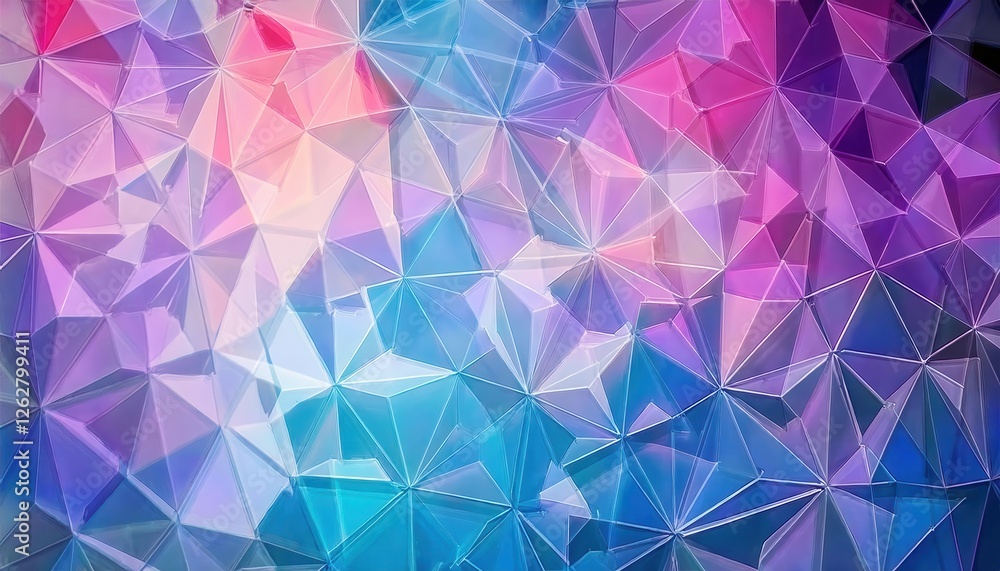 Poster abstract geometric crystal pattern with vibrant pink and blue gradient, faceted glass texture for digital background
