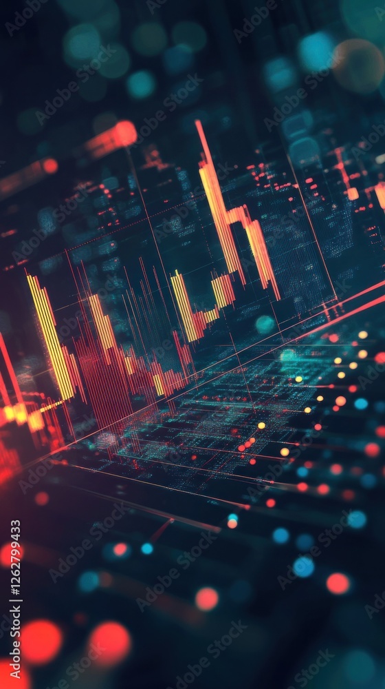 Poster abstract digital visualization of data analytics with vibrant color patterns and glowing lines repre