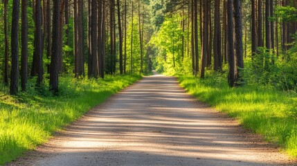 Serene forest pathway lined with tall trees, sunlight filtering through leaves, inviting tranquility