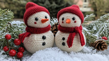 Adorable Crochet Snowmen in Winter Scene