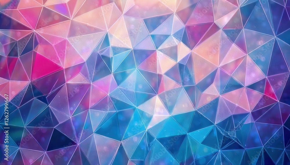 Poster abstract geometric crystal pattern with vibrant pink and blue gradient, faceted glass texture for di