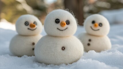 Three Adorable Snowmen in a Snowy Landscape