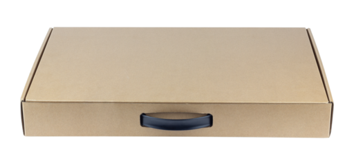 cardboard suitcase, brown cardboard box for laptop computer isolated from background