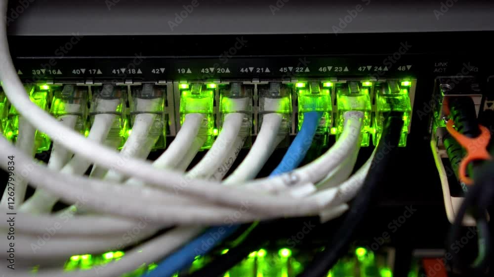 Wall mural close up view of internet ethernet cable on network switches background in server room data center