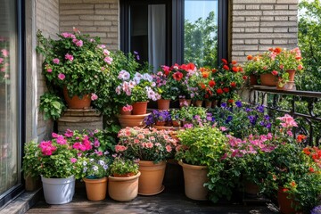 Vibrant balcony garden filled with colorful pots of blooming flowers