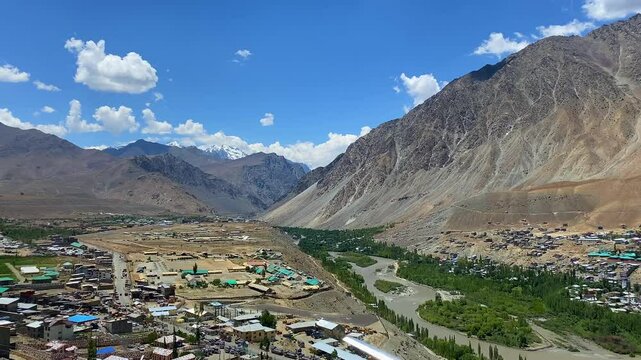 Top view of the Indus River and Kargil City valley in the union territory of Ladakh in India.