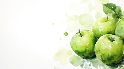Watercolor painting of green apples, leaves, white background, food blog
