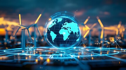 Digital Globe with Wind Turbines and Renewable Energy Concept