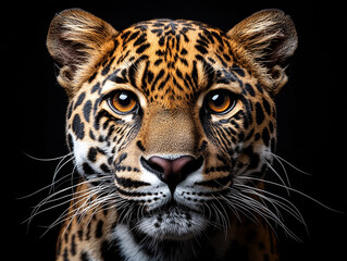 Obraz premium Majestic panther staring intently dark background animal portrait close-up front view wild beauty