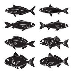 Black Fish Silhouette Icon Set Clipart.