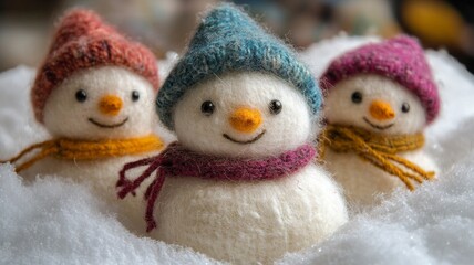 Three Adorable Knitted Snowmen in Snowy Scene