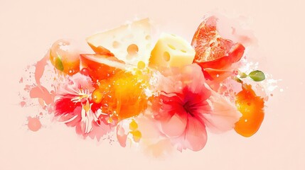 Vibrant composition of fruits, cheese, and flowers on a soft pink background, showcasing freshness