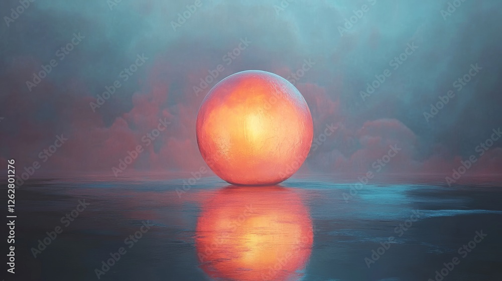 Poster luminous orb rests on reflective surface under ethereal clouds