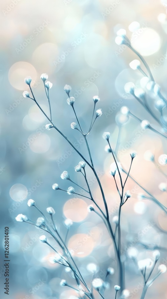 Aufkleber pastel colored floral background featuring delicate white flowers blooming on thin branches, creatin