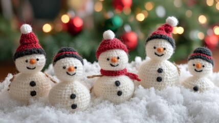Adorable Knitted Snowman Family in Snowy Winter Scene
