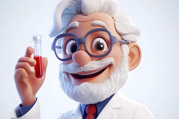 Curious 3D Cartoon Scientist in Lab Coat Holding Test Tube with Inquisitive Expression on White