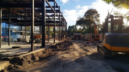 Construction progresses under the blue sky as machinery works on new building site. Generative AI