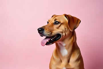 Obraz premium happy dog with playful expression against pink background, showcasing its shiny coat and bright eyes. This captures joy and charm of beloved pet