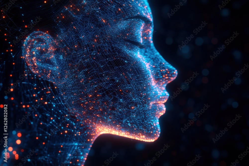 Poster artificial intelligence representation showcasing intricate digital patterns and light effects