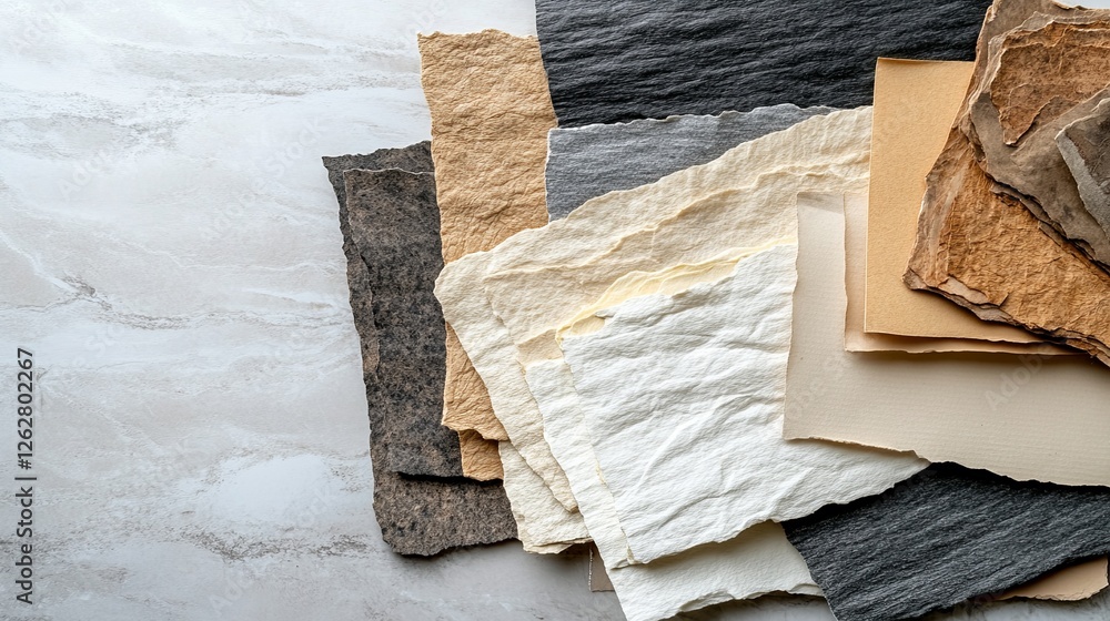 Aufkleber collection of handmade paper sheets in various textures and colors displayed on a marble surface