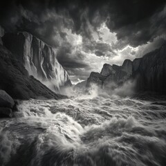 Dramatic Waterfall in Canyon Under Stormy Sky