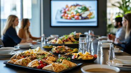 Corporate lunch meeting with healthy dishes modern office food photography indoor overhead view wellness concept