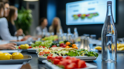 Business meeting with healthy lunch spread conference room professional environment engaging viewpoint corporate wellness focus