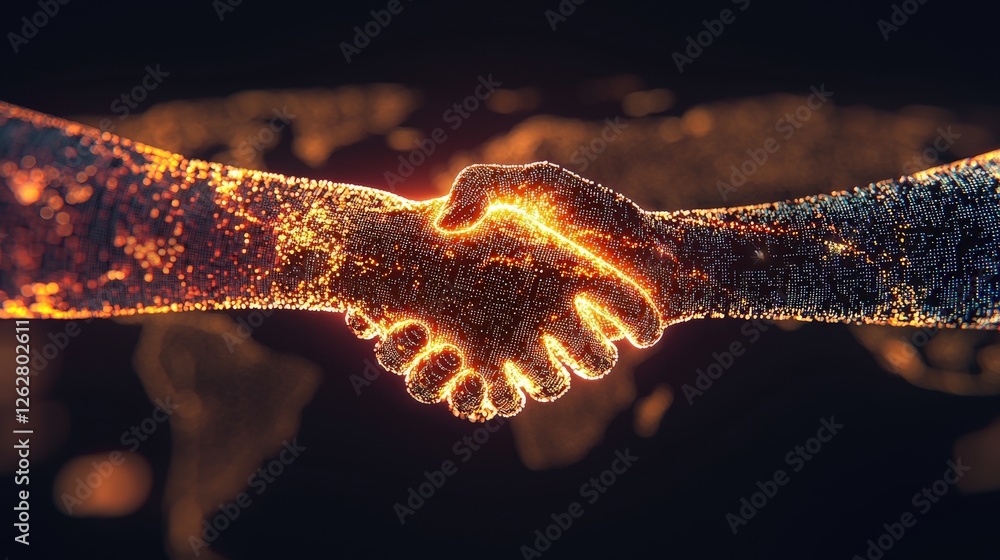 Aufkleber a symbolic handshake glowing over a map with data overlays.