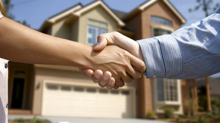 Home purchase agreement signing residential neighborhood real estate transaction suburban environment close-up perspective trust building