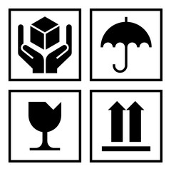 Package sign sign set. Handle with care, keep dry, fragile warning label with broken glass symbol and this side up sign.