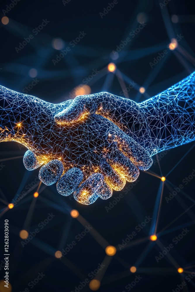 Poster a symbolic handshake over a graph symbolizing trust and growth.