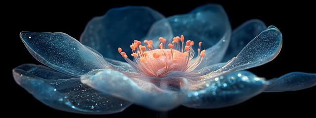 A single flower made of transparent plastic material, with light pink and dark blue colors
