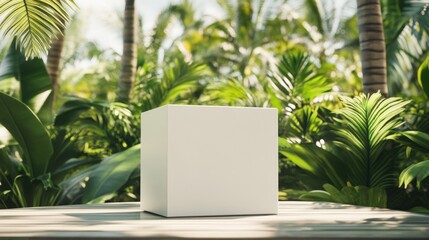 Minimalist White Product Box Mockup in Lush Tropical Garden Setting