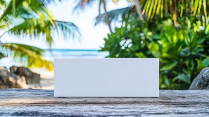 Blank White Box on Beachside Wooden Table with Tropical Background