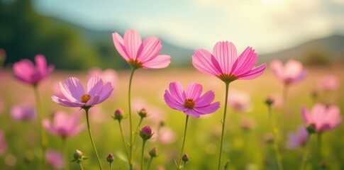 Fototapeta premium Pink cosmos flowers sway gently in a summer field , meadow, picture