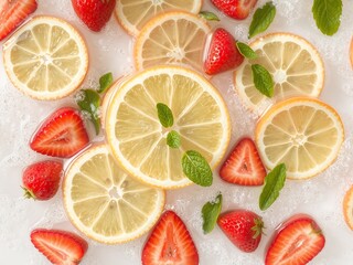 Slices of citrus fruits, strawberries, and mint leaves floating in clear water with bubbles, creating a refreshing summer aesthetic.