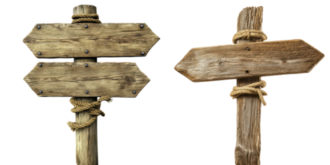 Weathered Wooden Directional Signpost with Blank Space for Text, isolated on transparent background.