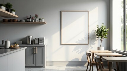 Sunlit Modern Kitchen with Minimalist Dining Area and Blank Canvas for Your Design