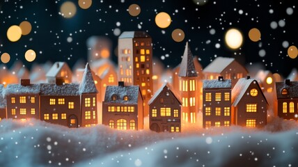 Fototapeta premium Enchanted Winter Village at Night: Illuminated Houses in Snowy Landscape