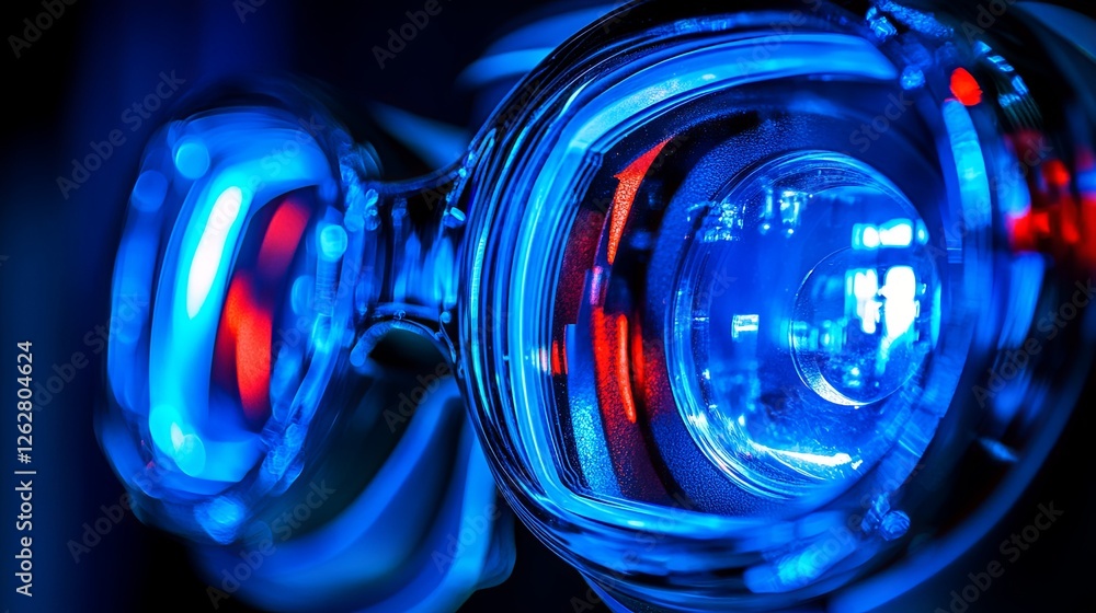 Poster futuristic lenses illuminated with vibrant colors create a striking visual effect in a modern settin