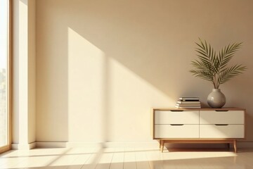 Serene Minimalist Room Interior Design with Sunlight Streaming Through Window, Featuring Wooden Chest of Drawers, Stack of Books, and Elegant Plant in Vase