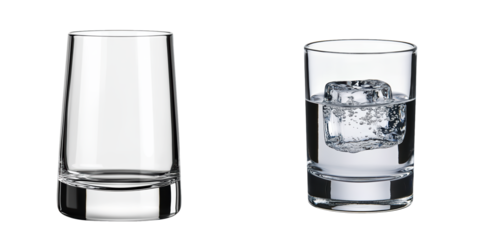 Clear Glass Tumblers with and without Ice for Beverage Presentation, isolated on transparent background.