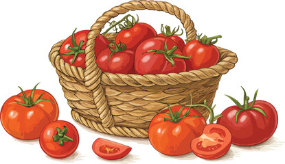 Red Tomato in wicker basket with Tomato slice vector design, Red Tomatoes in wicker basket vector design