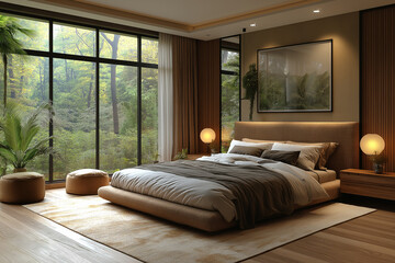  Photographie immobilière d'une chambre parentale moderne avec tête de lit du sol au plafond et grandes fenêtres panoramiques. HDR, 3D, design, tendance, architecte