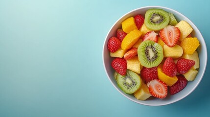 Fresh strawberries, kiwi, pineapple, mango, and other fruits create a vibrant salad perfect for a healthy snack or dessert on a sunny day